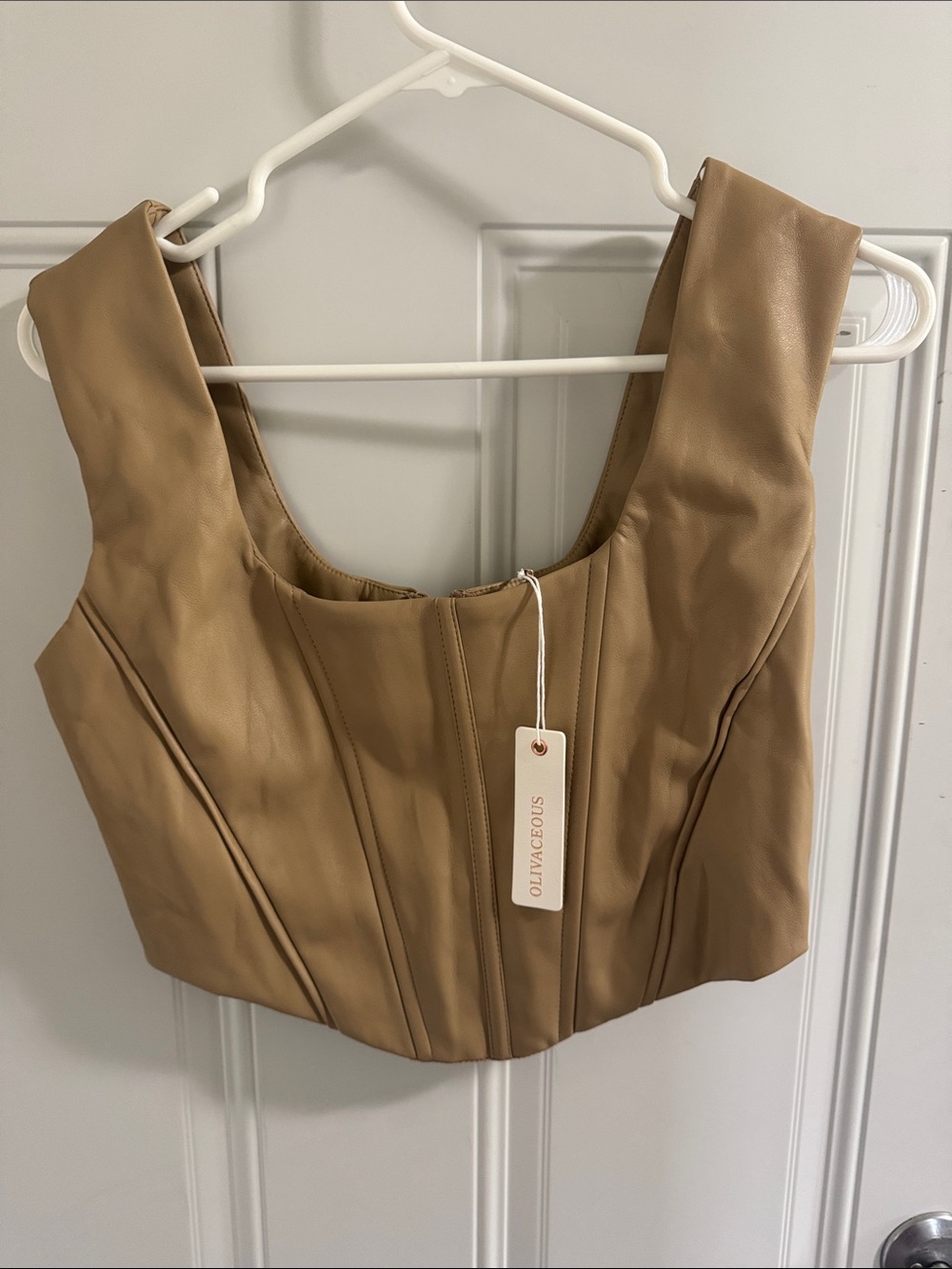 Olive & Oos Tan Faux Leather Cropped Corset Top